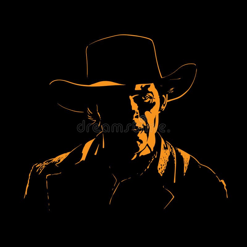 Man with cowboy hat silhouette in backlight. Illustration.