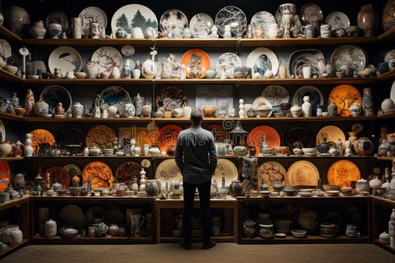 Un om într-un magazin de ceramică crockery generează cu AI stock image