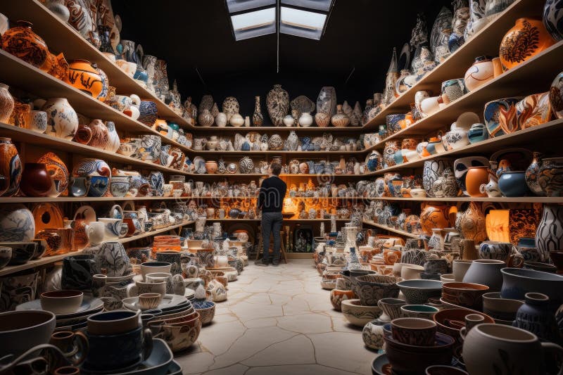 Un om într-un magazin de ceramică crockery generează cu AI stock photos