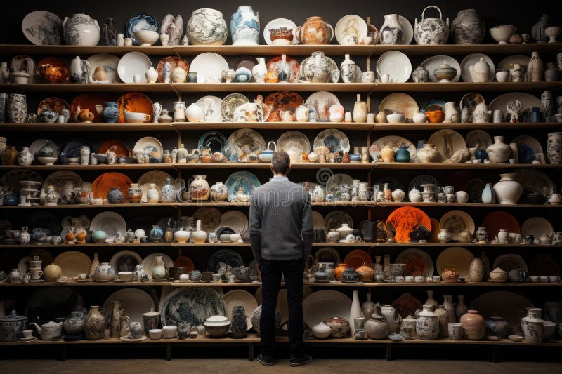 Un om într-un magazin de ceramică crockery generează cu AI stock photos