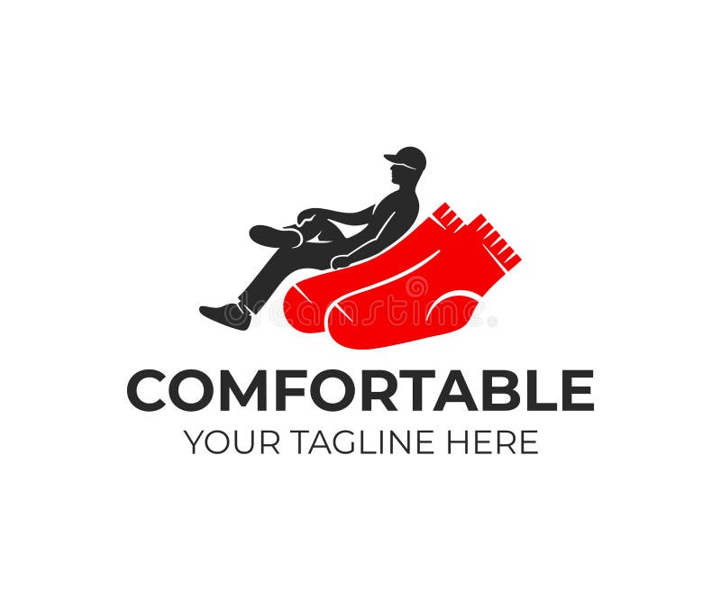 Man cross their legs sitting on socks like in armchair, logo design. Industry, industrial, clothes, apparel and textile industry, royalty free illustration Man cross their legs sitting on socks like in armchair, logo design. Industry, industrial, clothes, apparel and textile industry, royalty free illustration