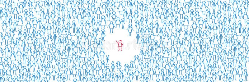 Man in a crowd of stick people, red man surrounded by huge crowd of blue men and women