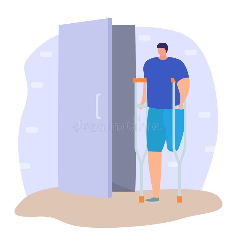 Man with Crutches Opening Door. Disabled Male Character Using Mobility