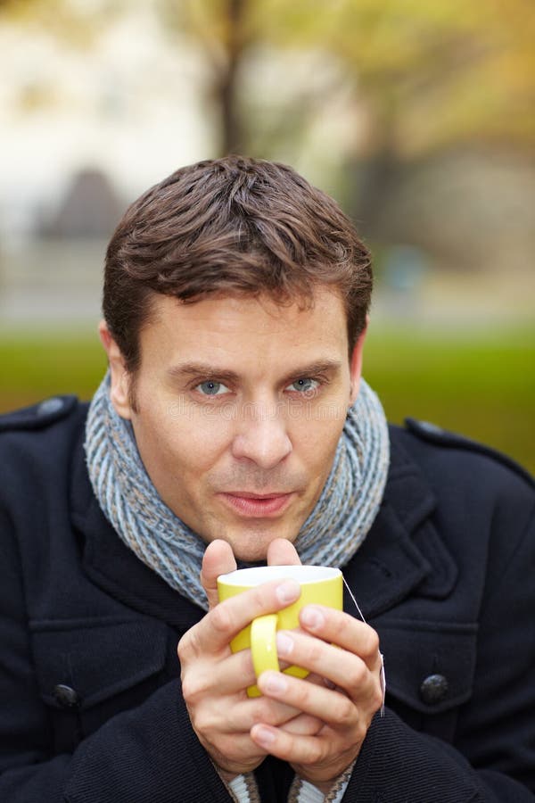 Man with Cup of Tea in Fall Stock Photo Image of warm, people 22478558