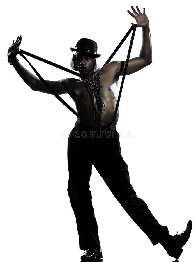 One african man dancer dancing cabaret burlesque on studio isolated white background