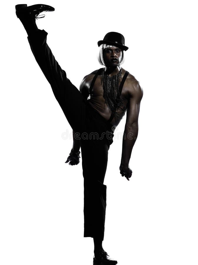 One african man dancer dancing cabaret burlesque on studio isolated white background