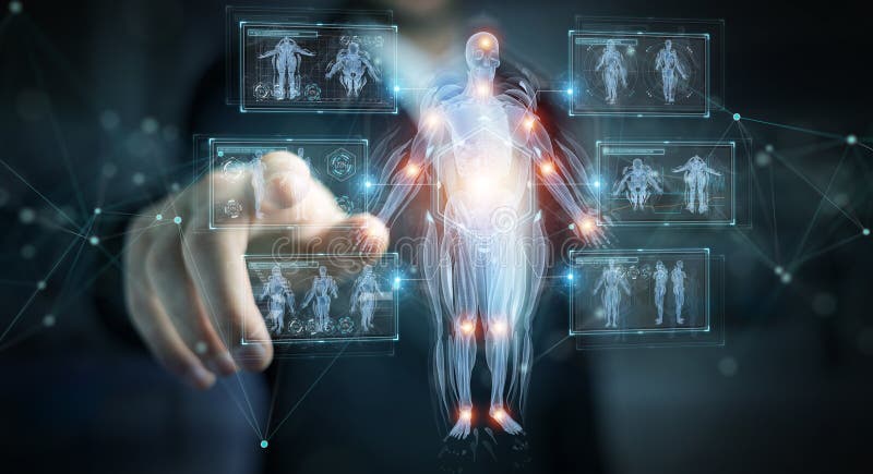 Muž na tmavý digitálne človek telo holografické skenovať projekcie  trojrozmerný obraz vytvorený pomocou počítačového modelu.
