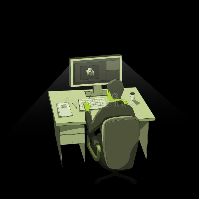 Man in the dark at night working at the computer alone. royalty free illustration