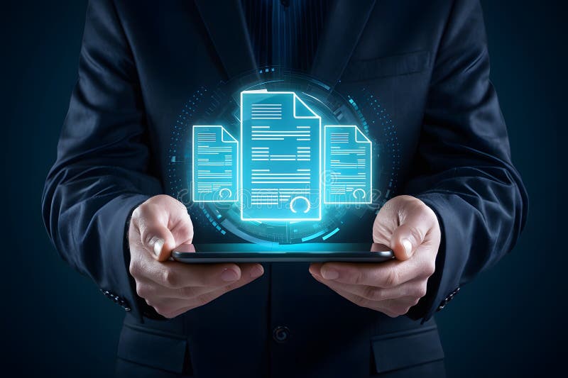 A man in dark suit presents holographic documents on mobile device royalty free illustration