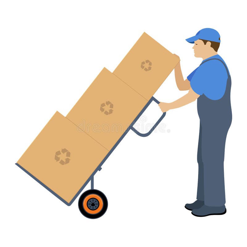 Man delivering pushing a wheelbarrow and transports cargo. Vector illustration isolated on white background