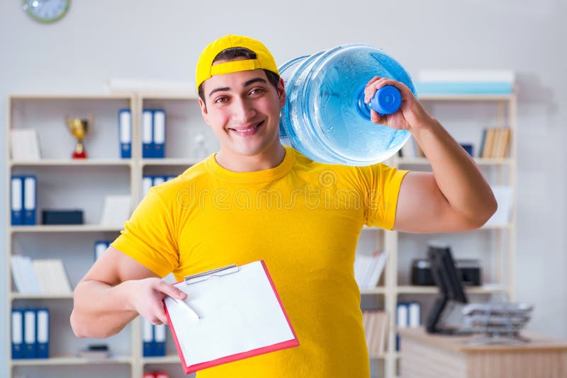 The man delivering water bottle to the office