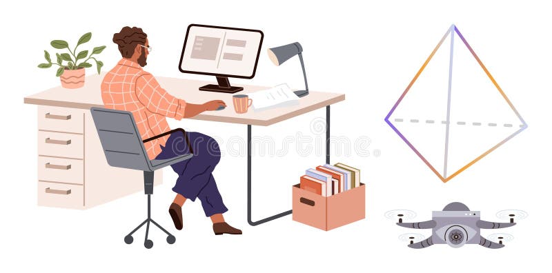 Man Working at Desk with Computer Near quadcopter and Geometric Model Reflecting Technology Integration stock illustration