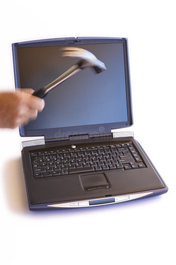 Man Destroying a Laptop with a Hammer. Isolated on White Stock Image