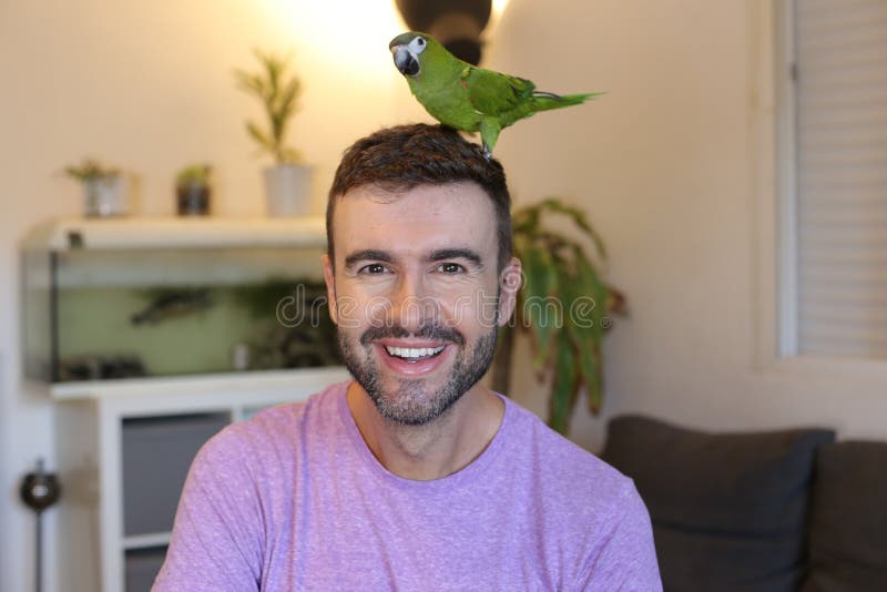 Man holding green dwarf macaw on finger. Man holding green dwarf macaw on finger.