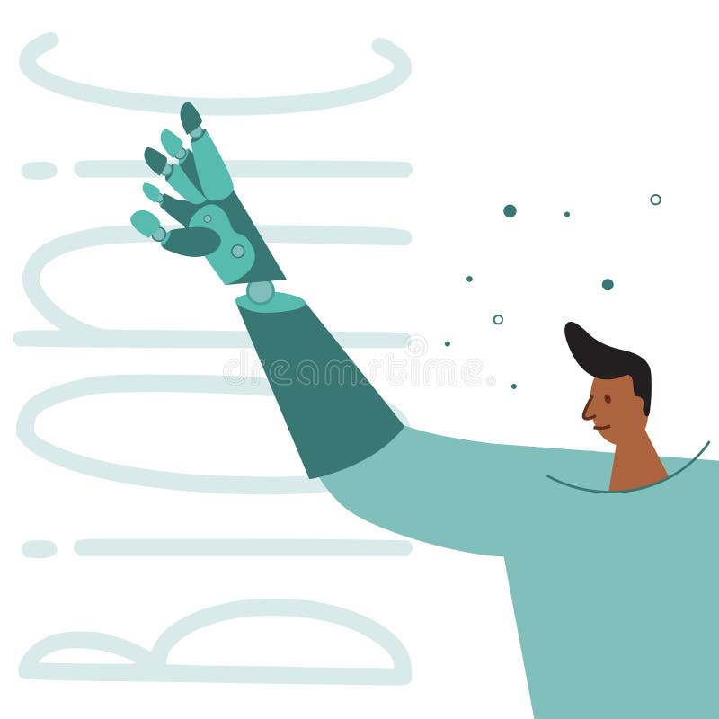 The man with disability has bionic titanium implant or prosthesis hand. Vector illustration with phrase BIONIC. stock illustration