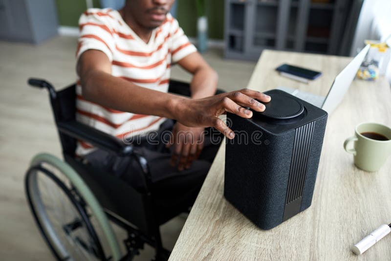 Man with Disability Using Smart Speaker Stock Photo Image of