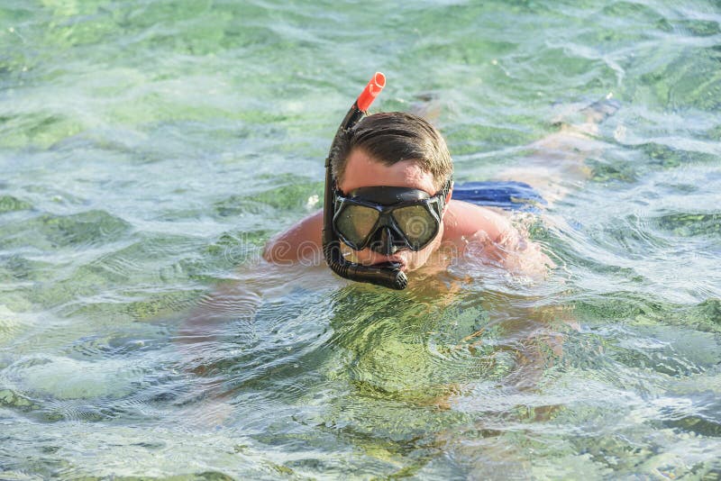 Man in a Diving Mask in Sea Water. Stock Image Image of exotic