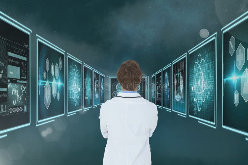 Digital composite of Man doctor looking at medical interfaces