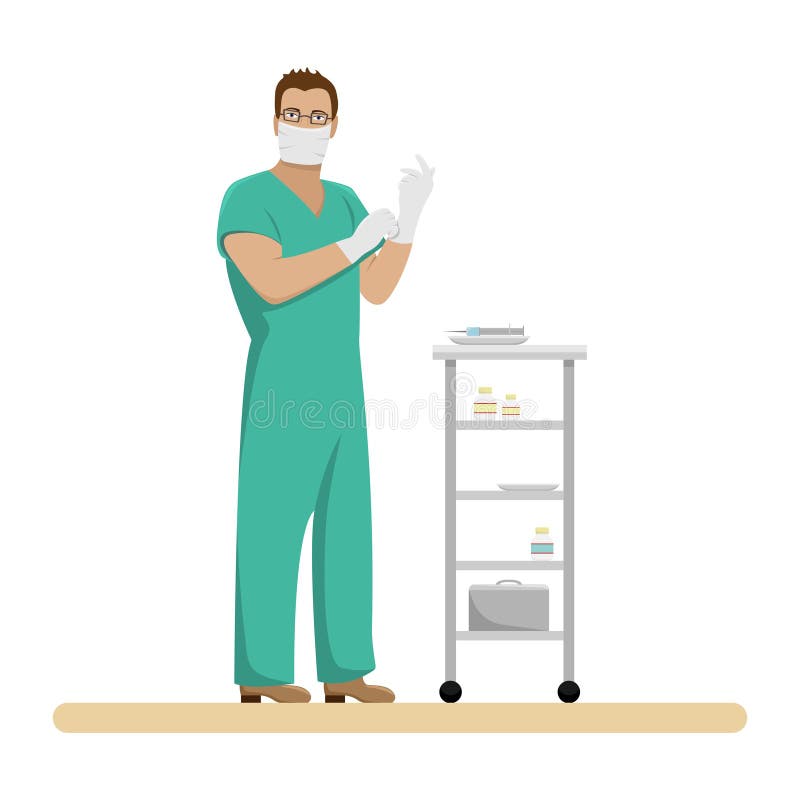 Man doctor in working form in sterile gloves and mask vector illustration Man doctor in working form in sterile gloves and mask vector illustration