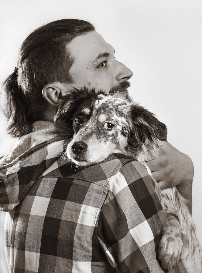 Man and Dog on White Background Stock Image - Image of happiness