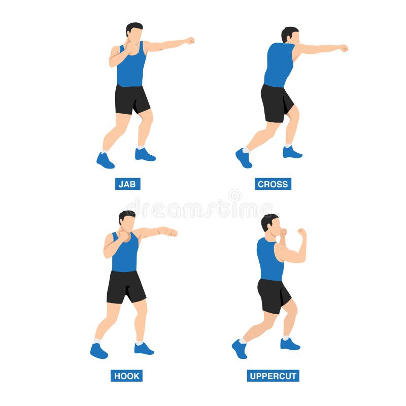 Vetor de Man doing shadow boxing exercise. Flat vector illustration  isolated on different layers. Workout character do Stock