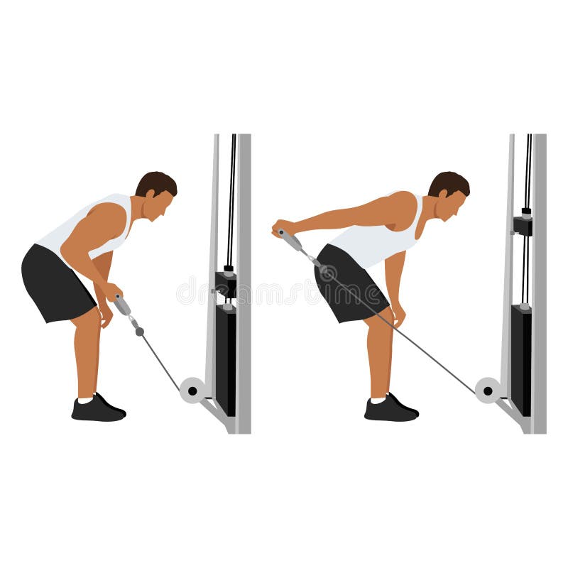 Man doing Cable tricep kickbacks exercise. stock illustration