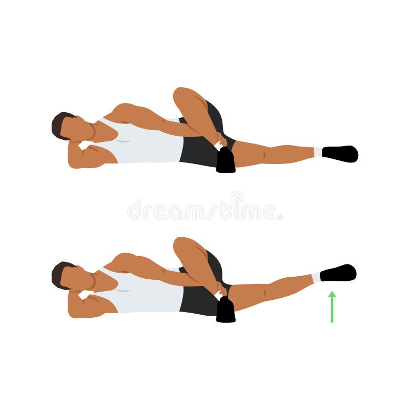 Man Doing Lying Crossover Leg Lift Exercise in 2 Steps. Stock