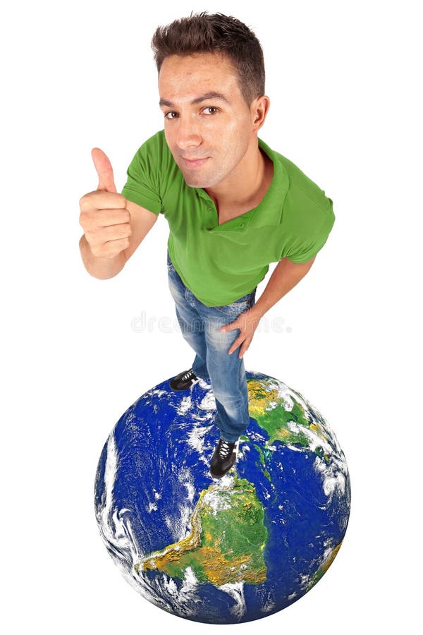 Man doing thumb up on top of a globe