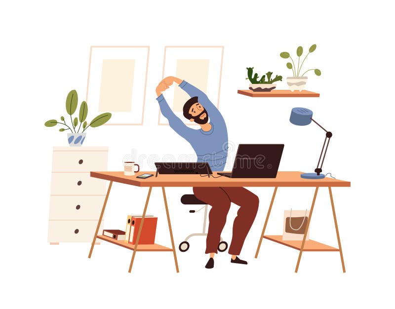 Man doing warm-up at the workplace, vector flat illustration isolated. Male practicing workout in the office, stretching royalty free illustration