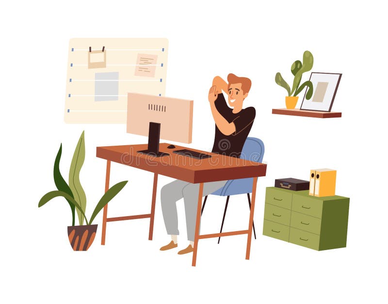 Man doing warm-up at the workplace, vector flat illustration isolated. Male practicing workout in the office, stretching royalty free illustration