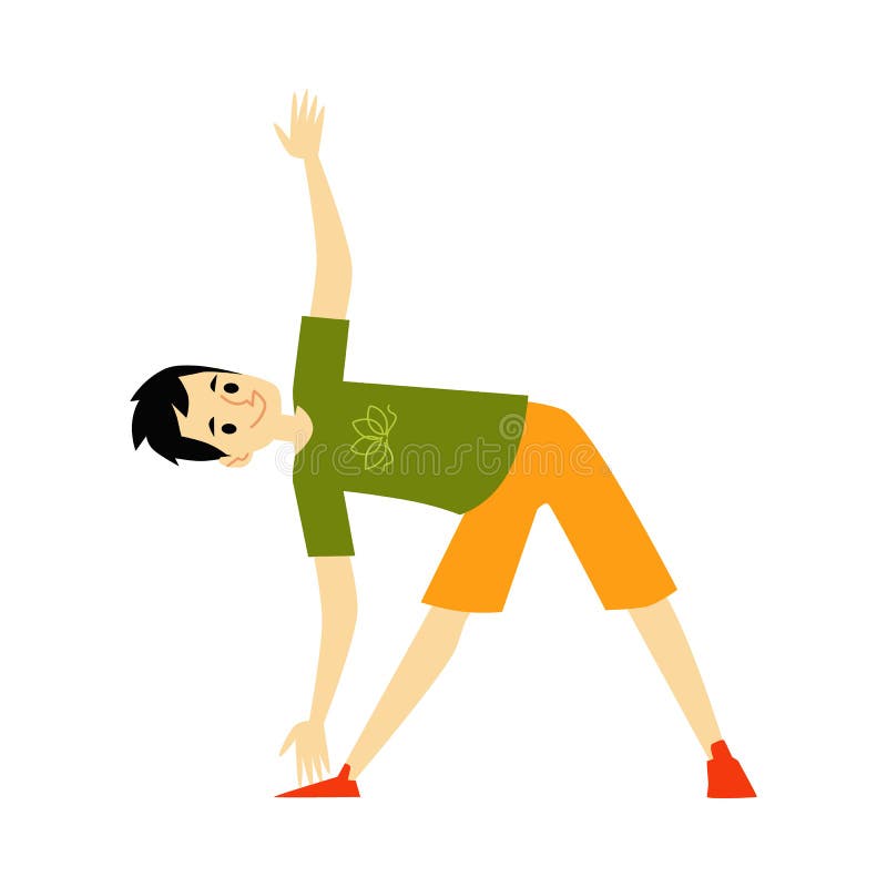 Man doing yoga - cartoon character standing in fitness exercise pose for stretching and balance.