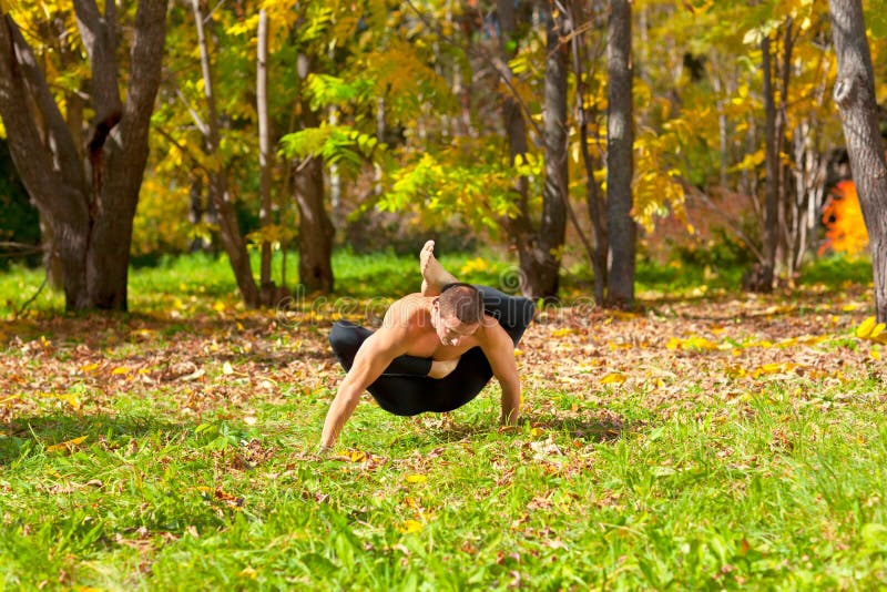 Man doing yoga in forest stock photo. Image of nature 35558578