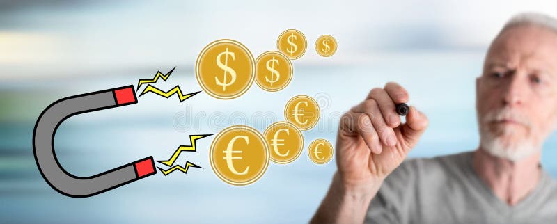 Man drawing money attraction concept stock photo Man drawing money attraction concept stock photo
