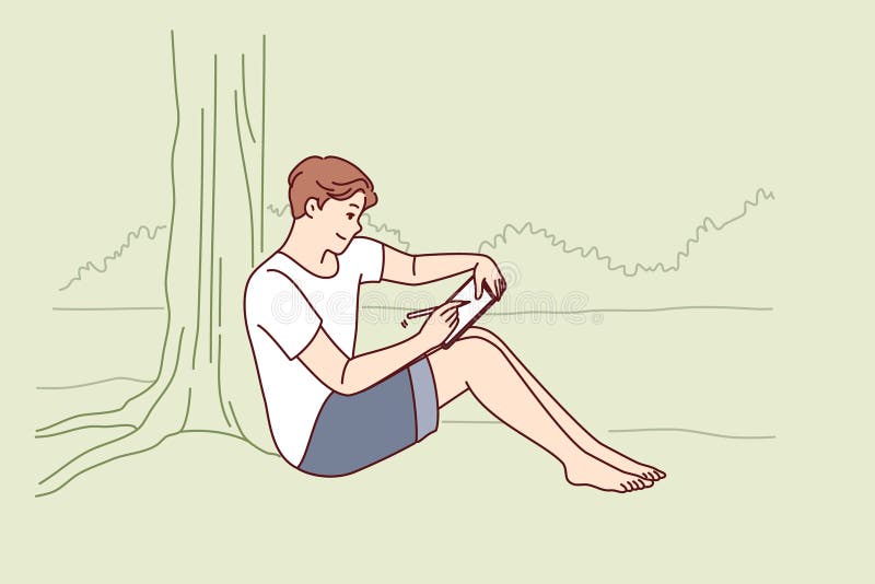 Man draws in electronic tablet sitting on shore of lake and enjoying landscape of morning nature vector illustration