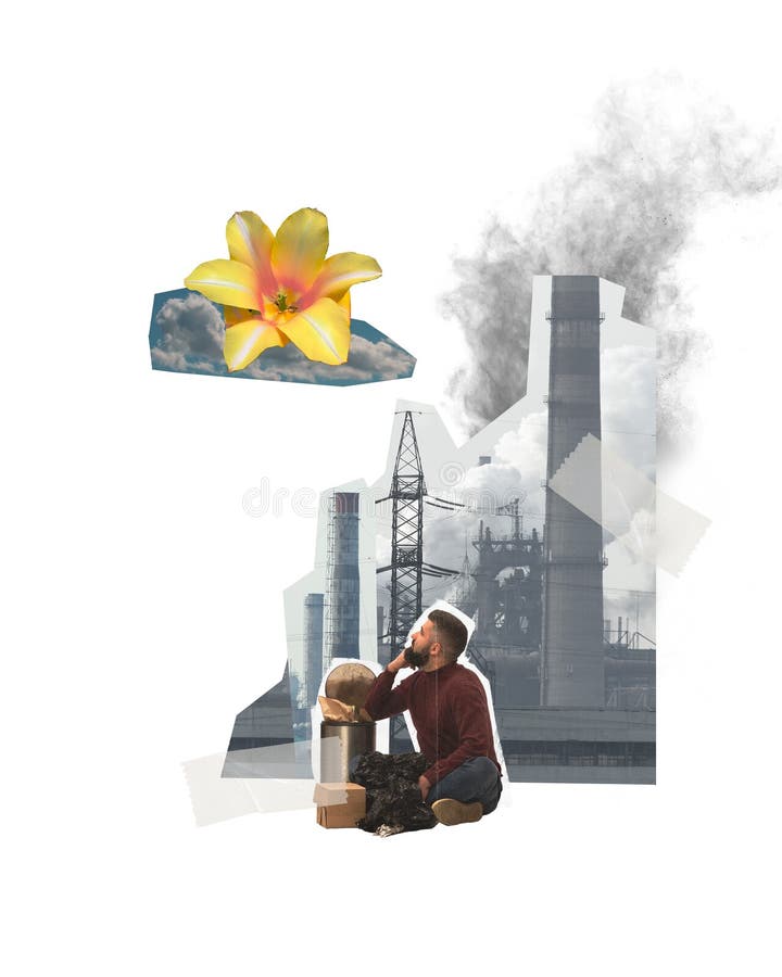 Man dreaming about clean environment. Taking away garbage, cleaning. Industrial pollution issues. Contemporary art collage. Concept of ecology, environment, problem, awareness