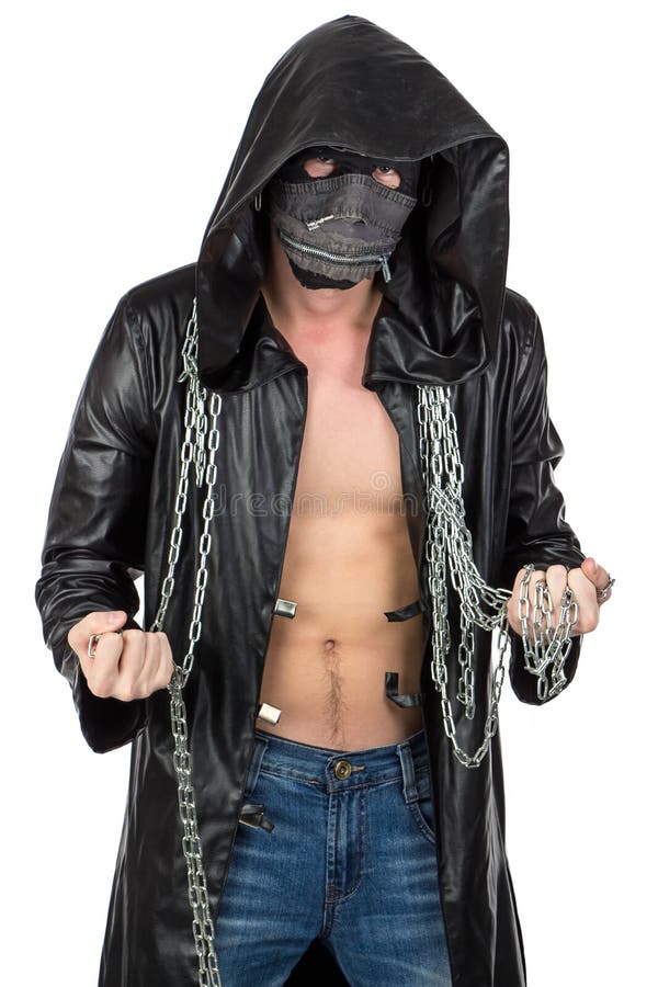 The Man Dressed In Hooded Cloak With Chain Stock Photo Image 47097590