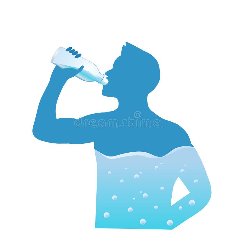 Man drinking water from bottle flow into body. hydration