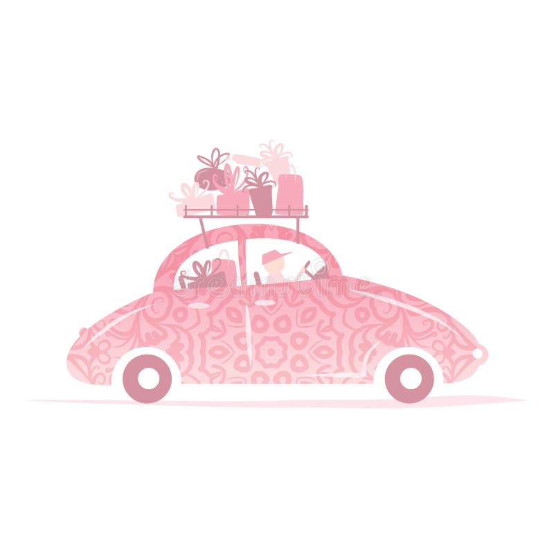 Man driving pink car with gifts on roof royalty free illustration