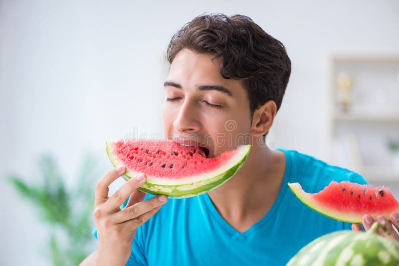 The Man Eating Watermelon at Home Stock Image Image of melon, knife