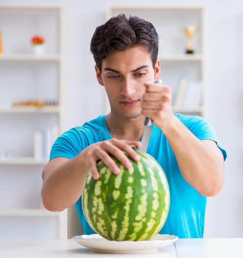 Man Eating Watermelon at Home Stock Photo Image of fruit, organic