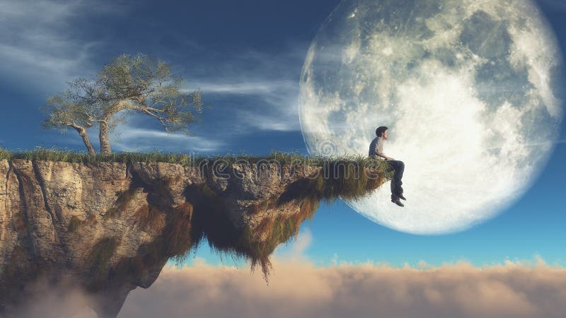 Man on the edge of a piece of land watching the moon. This is a 3d render illustration. Man on the edge of a piece of land watching the moon. This is a 3d render illustration