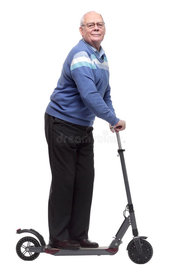 Man with an Electric Scooter Reading an Ad on a White Screen Stock