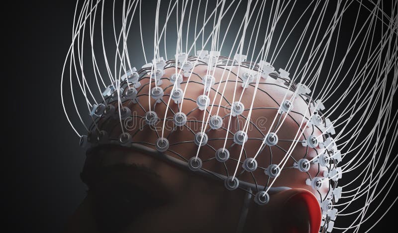 Man with electrodes measuring brain signals. Neuroscience concept. 3D rendered illustration stock illustration