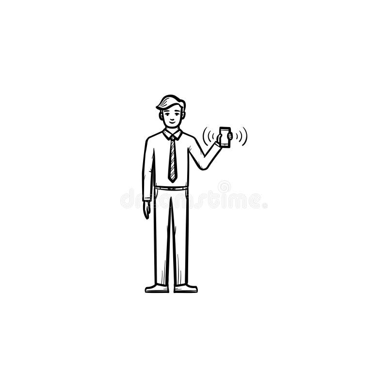 Man with electronic tablet hand drawn sketch icon. royalty free illustration