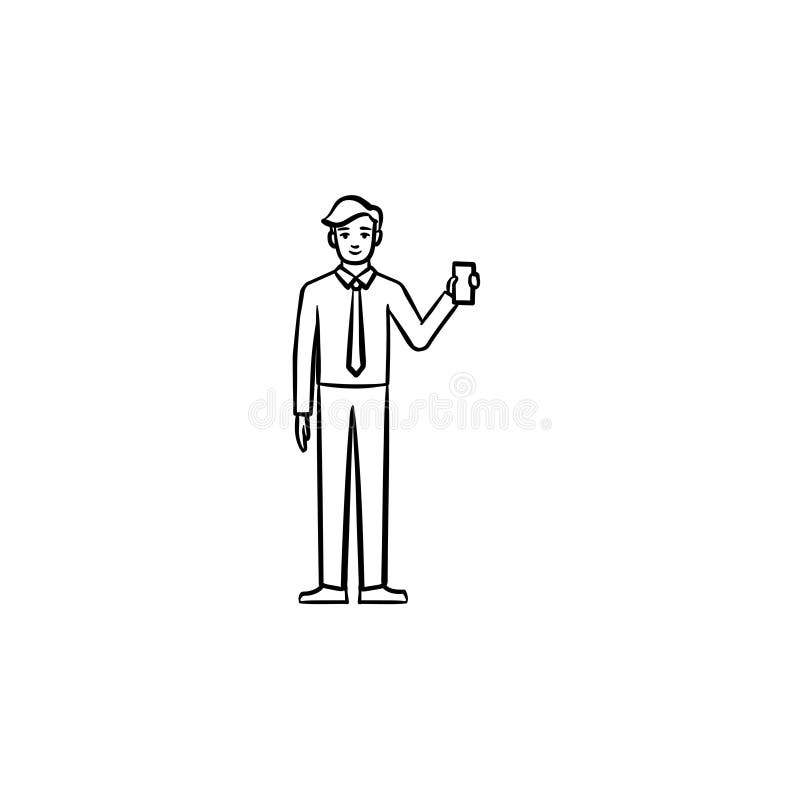 Man with electronic tablet hand drawn sketch icon. stock illustration