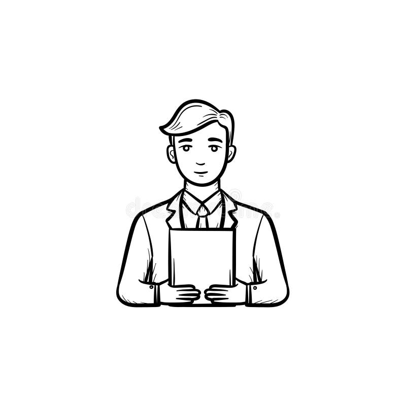 Man with electronic tablet hand drawn sketch icon. royalty free illustration
