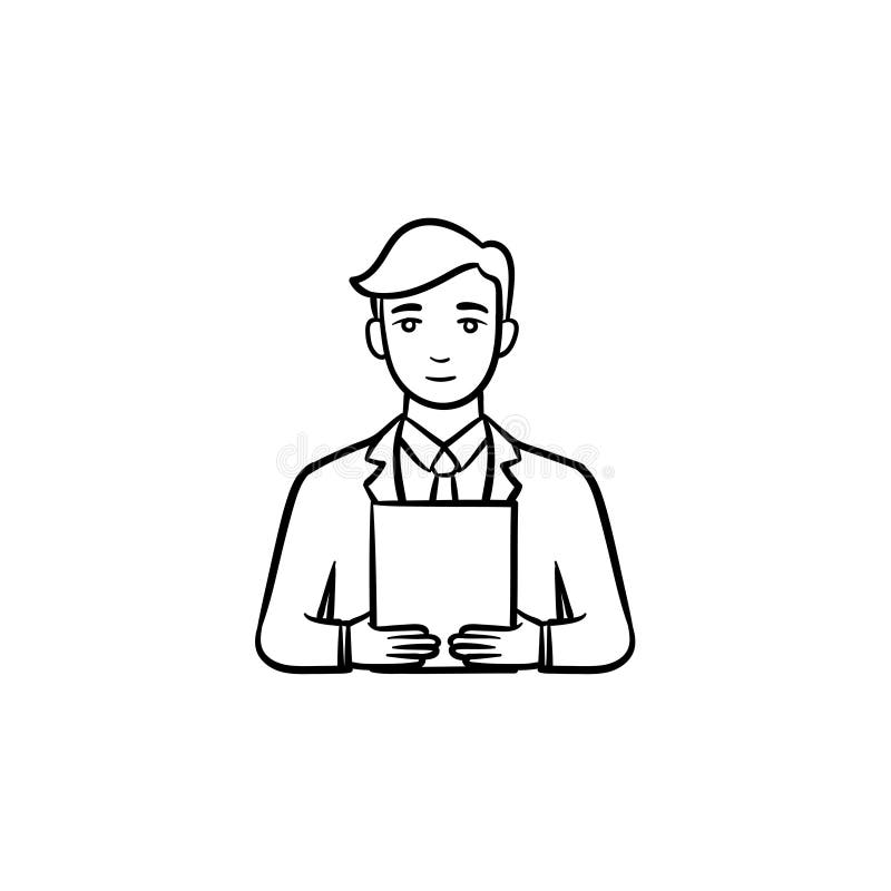 Man with electronic tablet hand drawn sketch icon. stock illustration