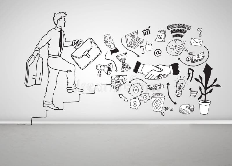 Man en graphics op witte muur royalty-vrije illustratie