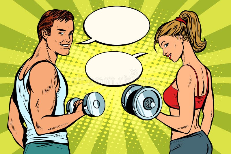 Man en vrouw in de gymnastiek met domoren vector illustratie Man en vrouw in de gymnastiek met domoren vector illustratie