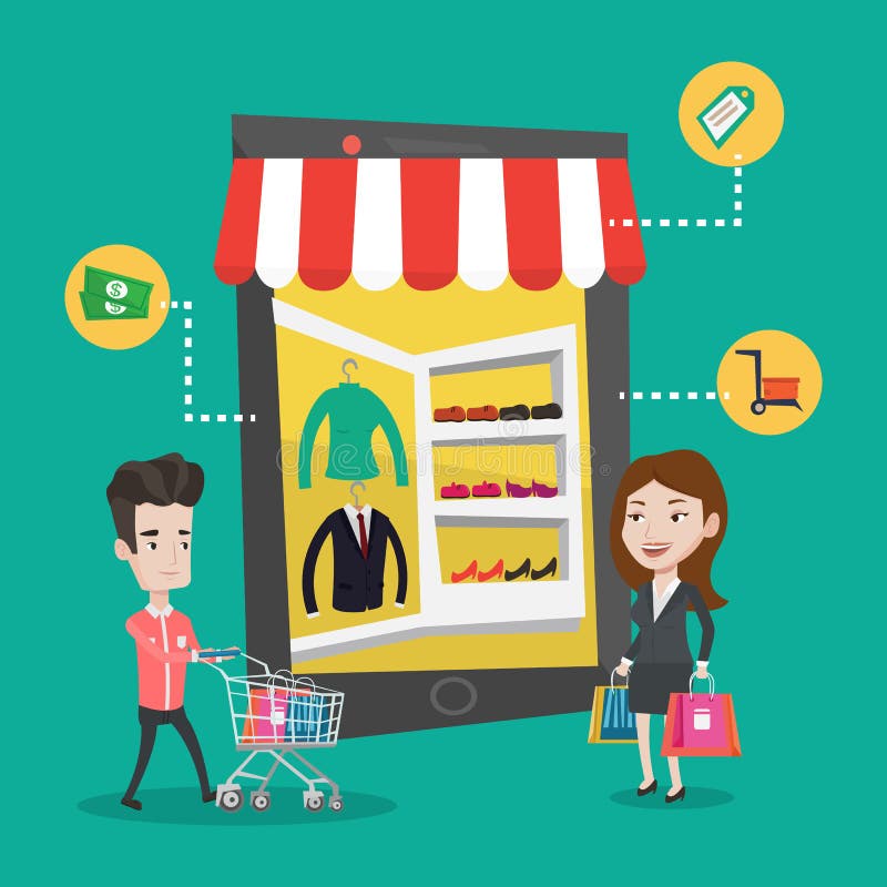 Man en vrouwen doen die online winkelen stock illustratie Man en vrouwen doen die online winkelen stock illustratie